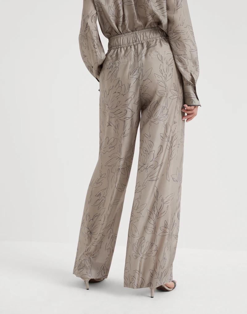 BRUNELLO CUCINELLI WOMEN'S LIGHT BEIGE SILK WIDE TROUSERS