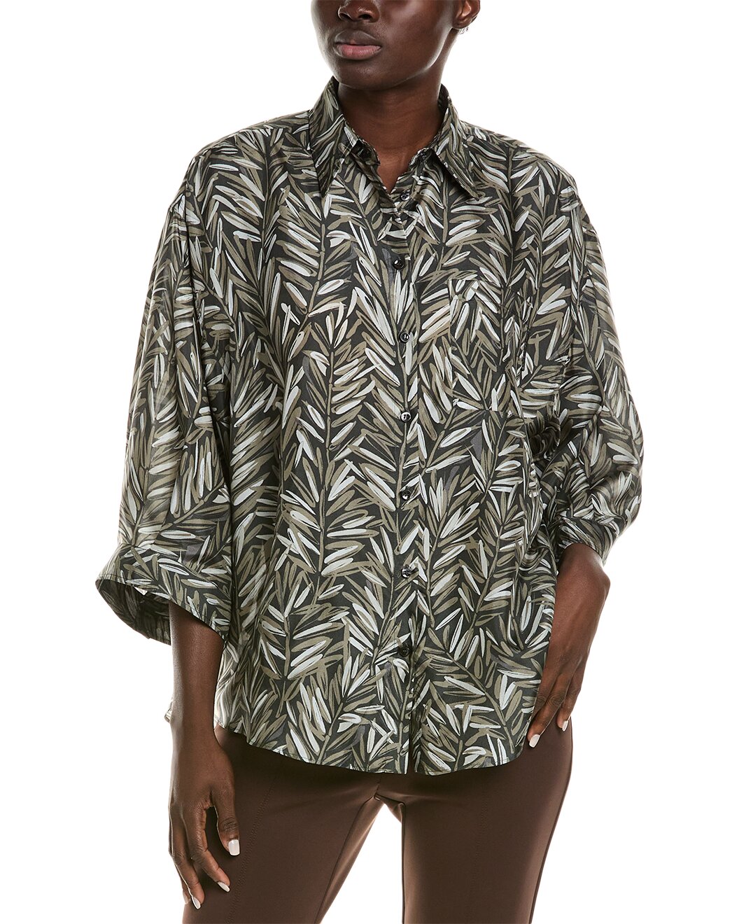 BRUNELLO CUCINELLI WOMEN'S CHARCOAL GREEN PATTERNED BUTTON-UP SHIRT