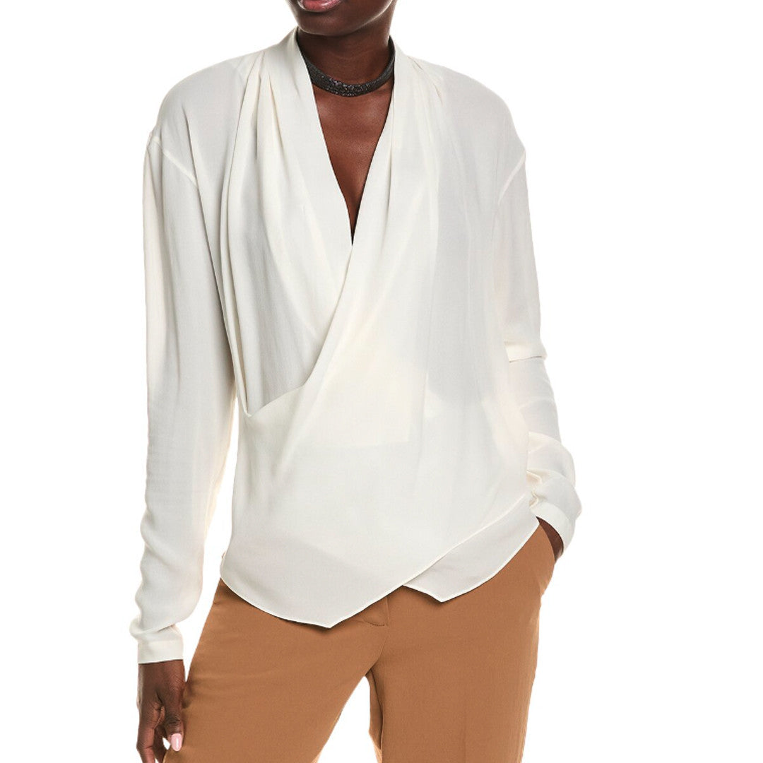 BRUNELLO CUCINELLI WOMEN'S NATURAL SILK DRAPED LONG SLEEVE SHIRT