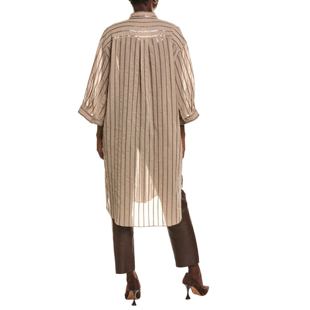 BRUNELLO CUCINELLI WOMEN'S COFFEE CREAM LONG SEQUIN STRIPED COTTON SHIRT