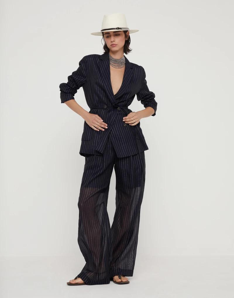 BRUNELLO CUCINELLI WOMEN'S NAVY STRIPED WIDE TROUSERS