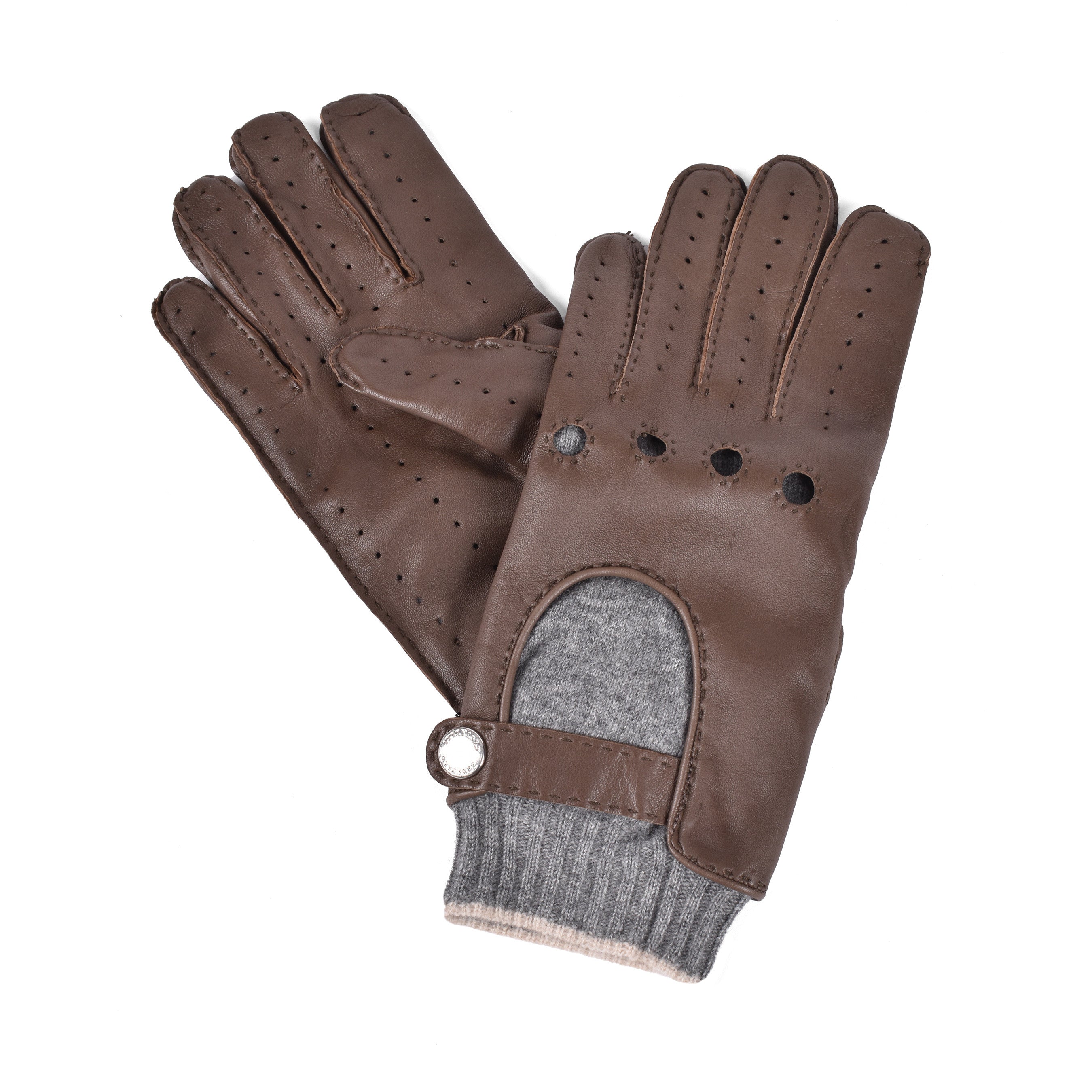 BRUNELLO CUCINELLI MEN'S TWO TONE BROWN/GREY LEATHER BLEND GLOVES