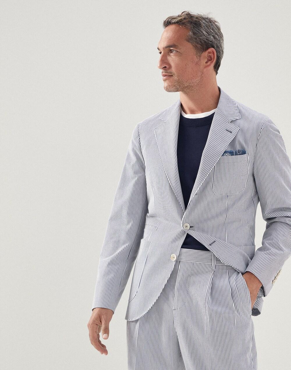 BRUNELLO CUCINELLI MEN'S BLUE WHITE STRIPED BLAZER