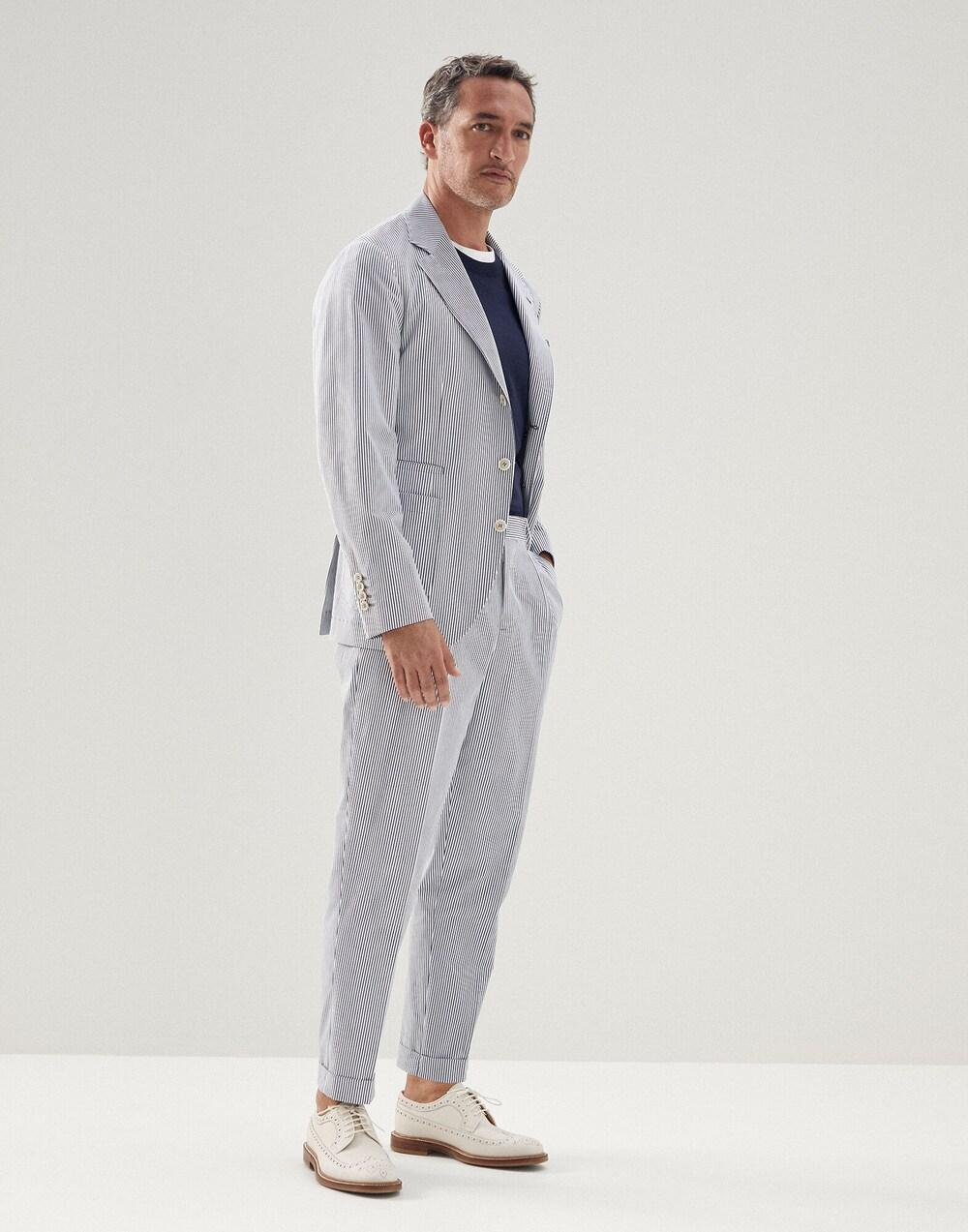 BRUNELLO CUCINELLI MEN'S BLUE WHITE STRIPED BLAZER