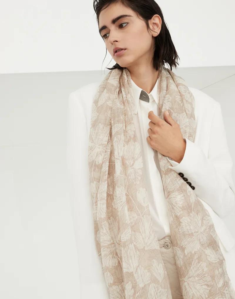 BRUNELLO CUCINELLI WOMEN'S BEIGE LINEN FLORAL SCARF