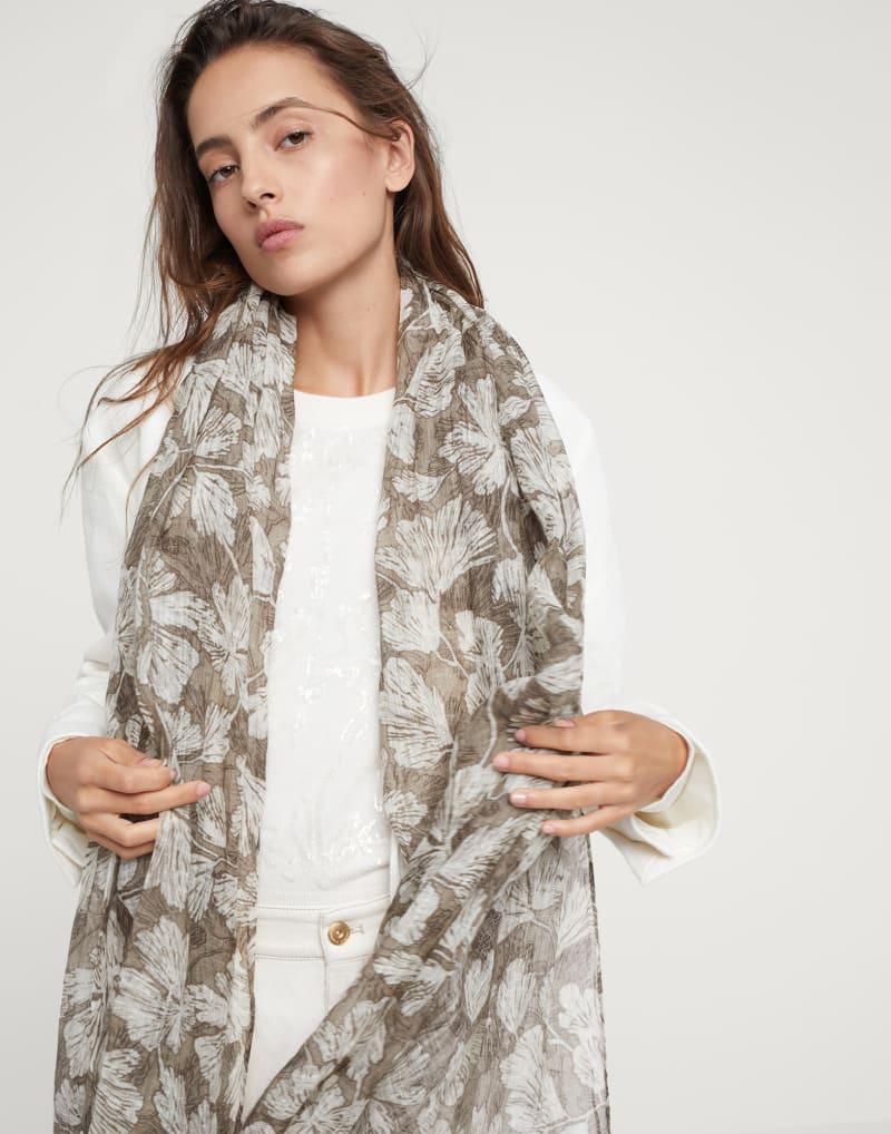 BRUNELLO CUCINELLI WOMEN'S GREEN AND WHITE LINEN FLORAL SCARF