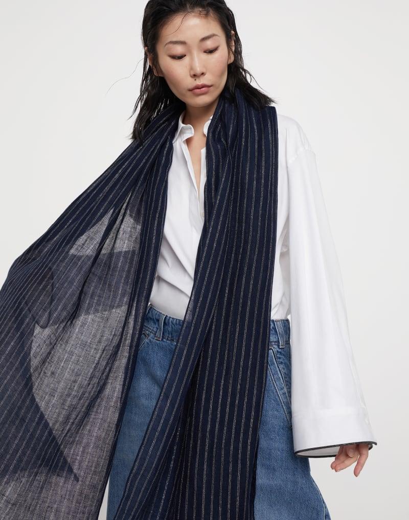 BRUNELLO CUCINELLI WOMEN'S BLUE LINEN STRIPED SCARF