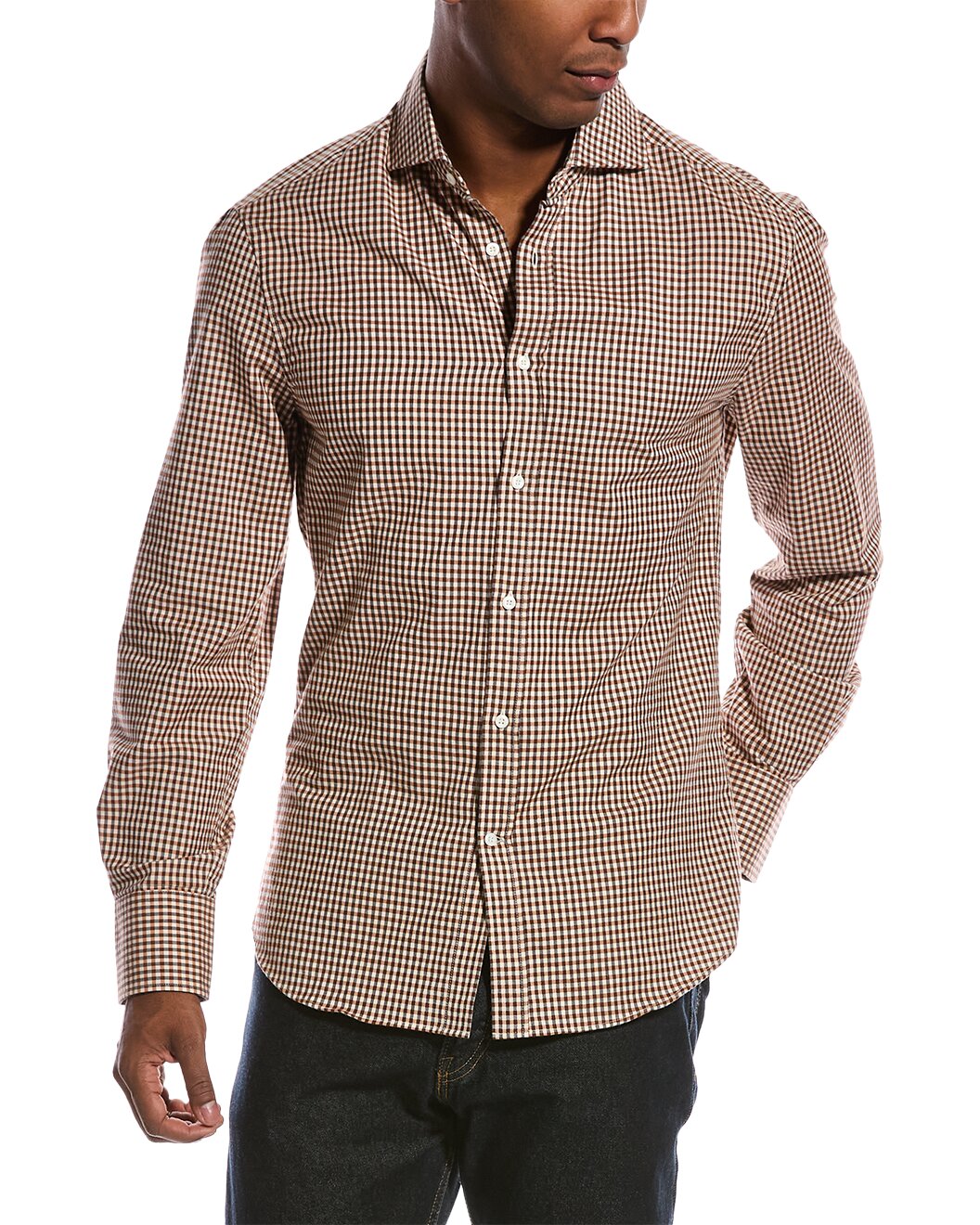 BRUNELLO CUCINELLI MEN'S CAMEL PLAID SLIM FIT SHIRT