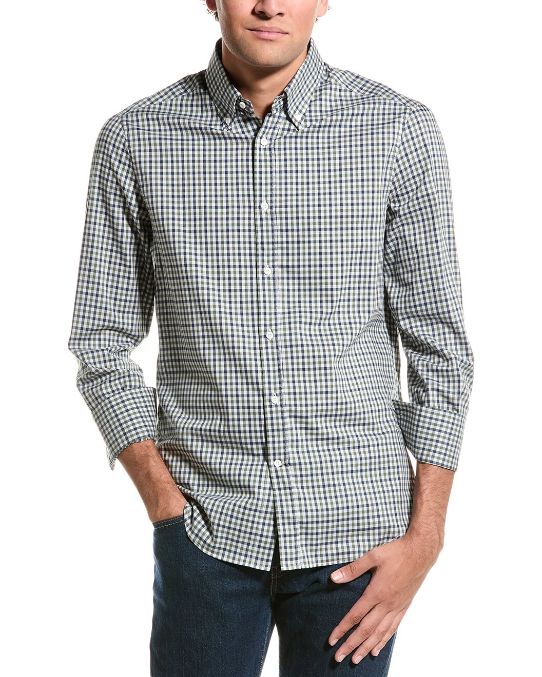 BRUNELLO CUCINELLI MEN'S PEARL GRAY CHECK BUTTON-UP SHIRT