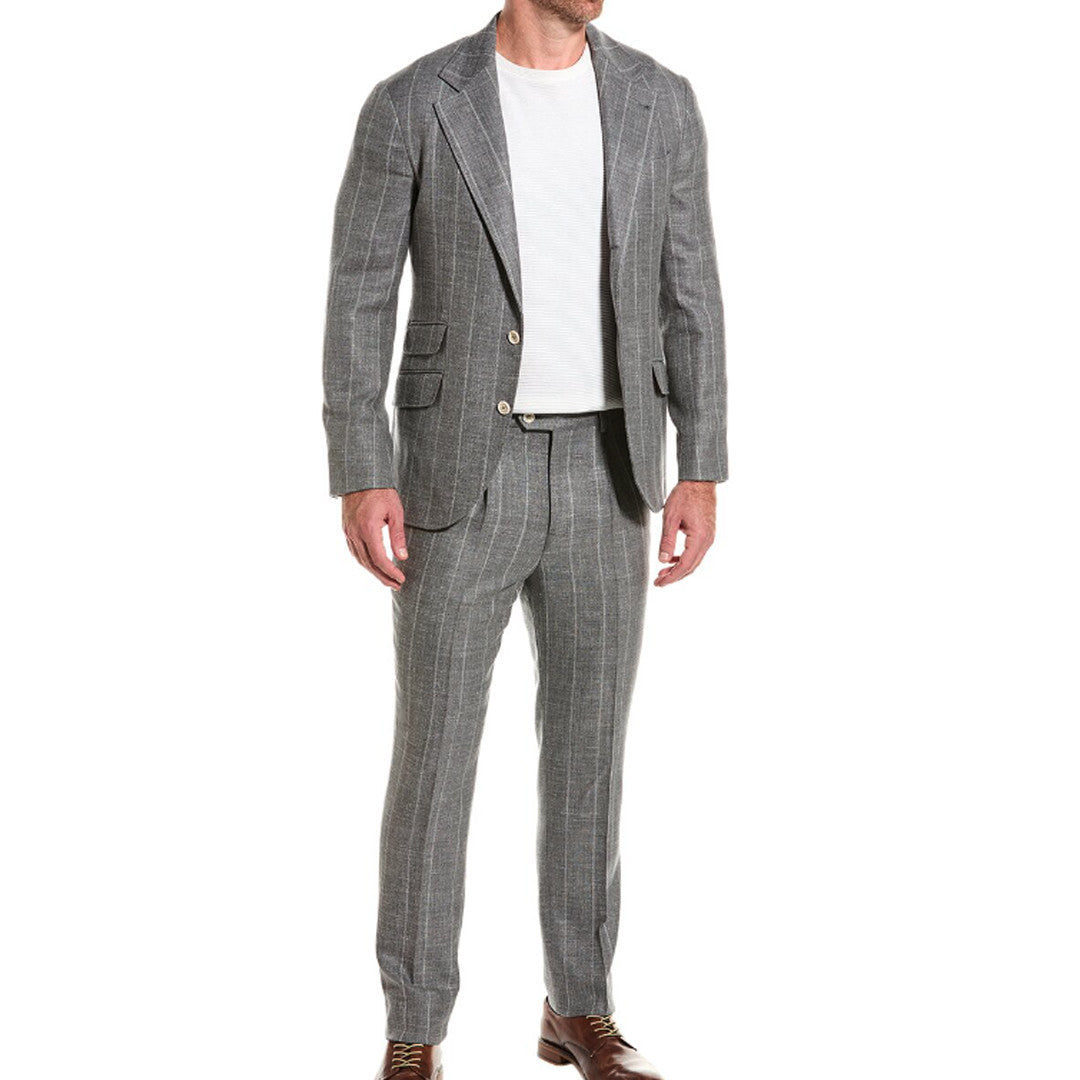 BRUNELLO CUCINELLI MEN'S MEDIUM GRAY WOOL LINEN SUIT