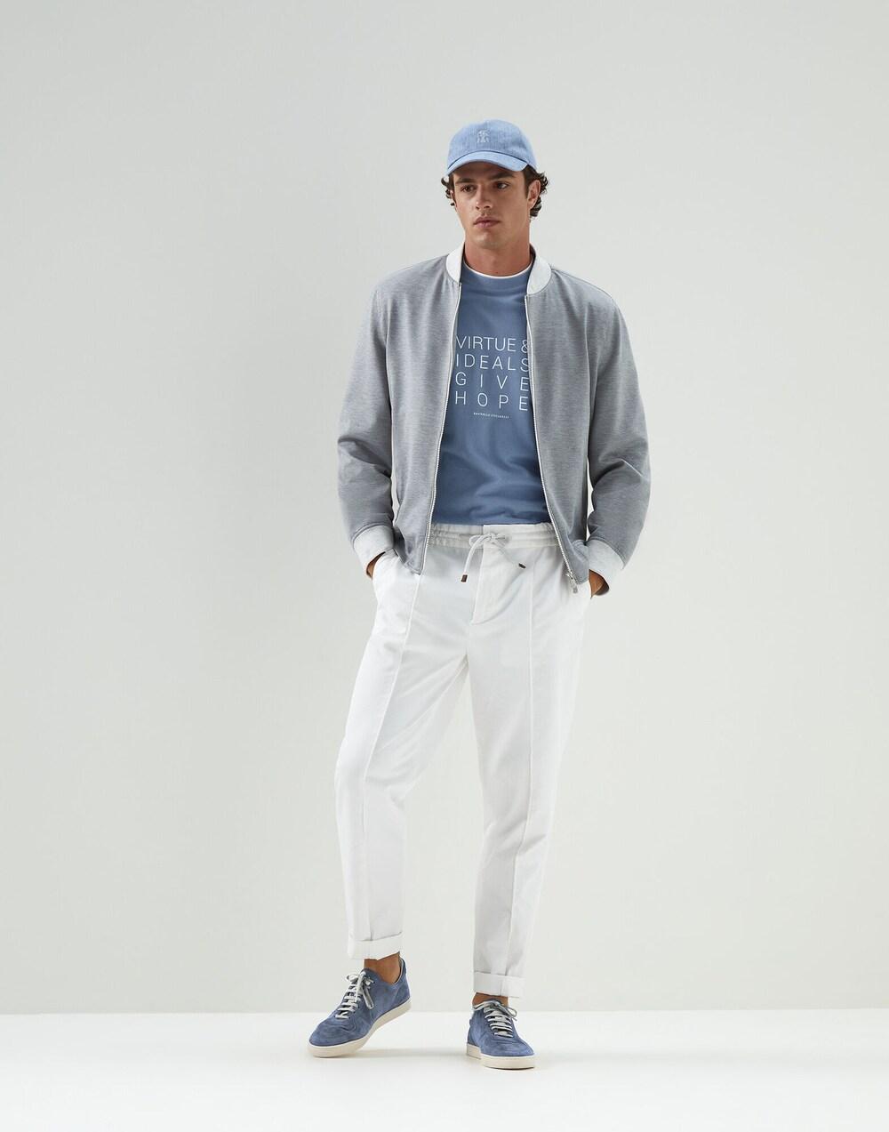 BRUNELLO CUCINELLI MEN'S BLUE CREWNECK T-SHIRT WITH TEXT