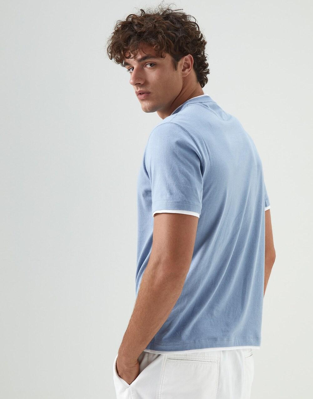 BRUNELLO CUCINELLI MEN'S BLUE CREWNECK T-SHIRT WITH TEXT