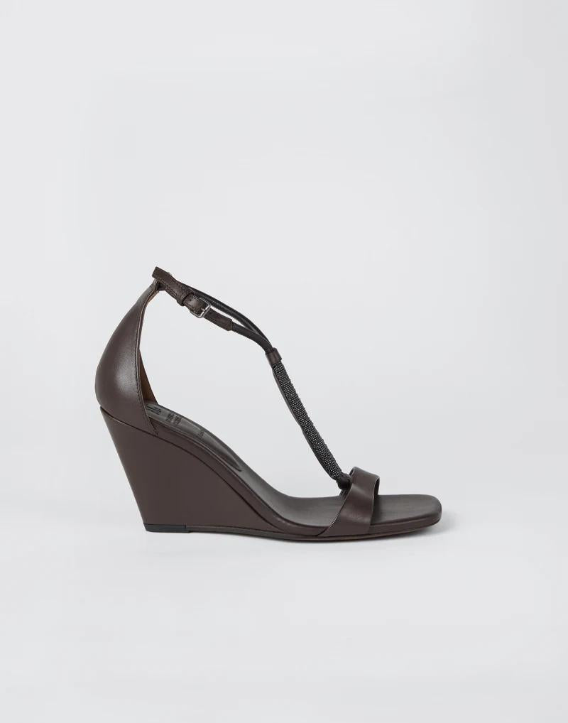 BRUNELLO CUCINELLI WOMEN'S DARK BROWN LEATHER WEDGE SANDALS