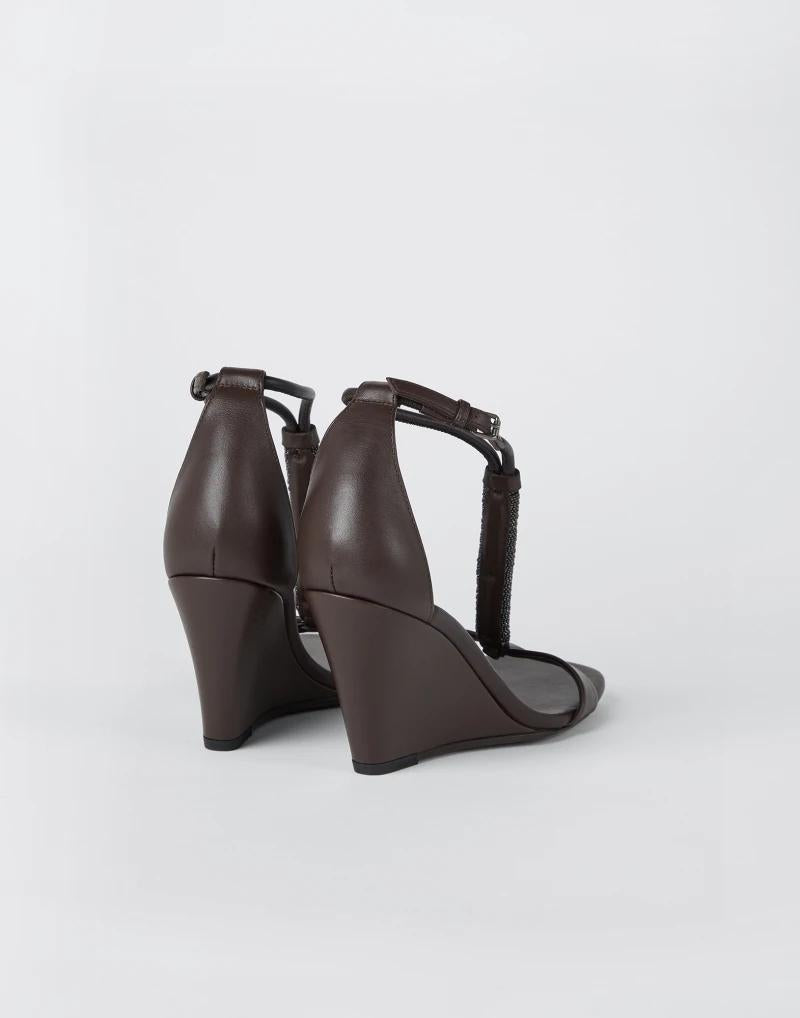 BRUNELLO CUCINELLI WOMEN'S DARK BROWN LEATHER WEDGE SANDALS