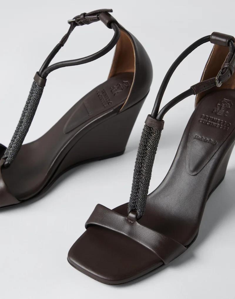 BRUNELLO CUCINELLI WOMEN'S DARK BROWN LEATHER WEDGE SANDALS