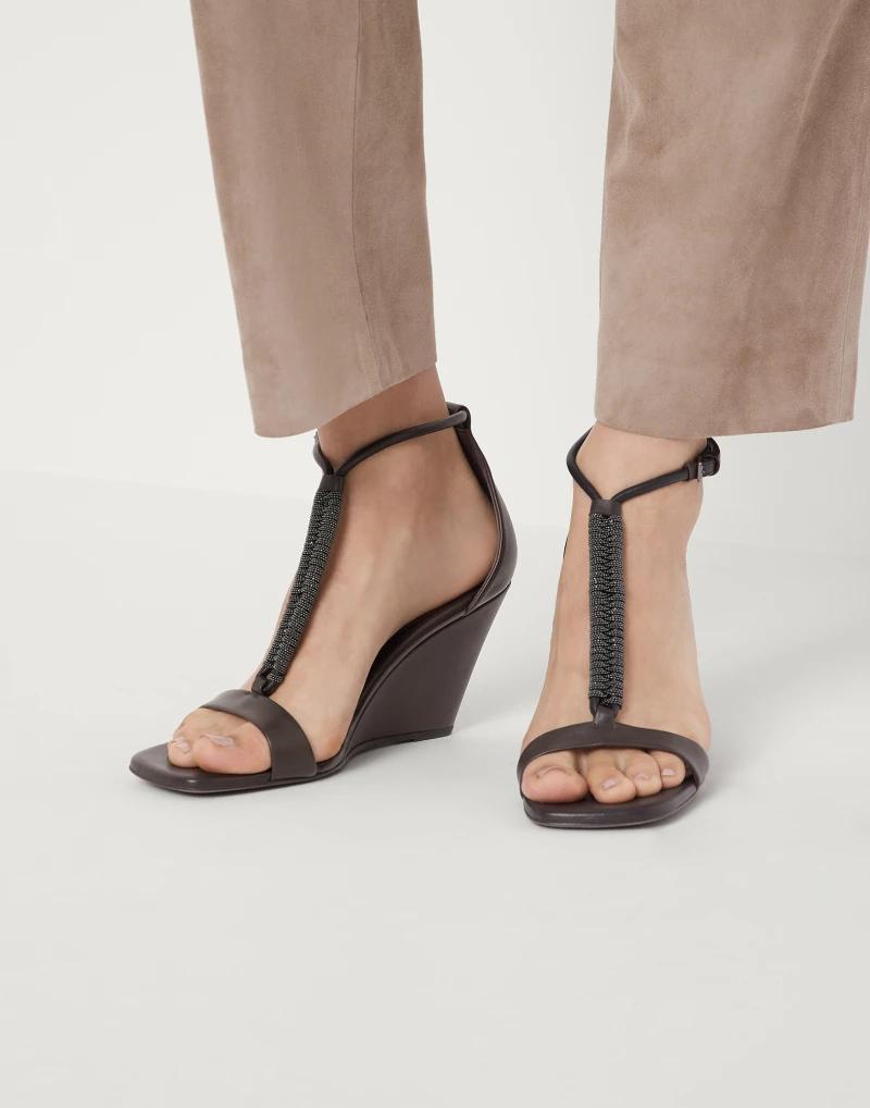 BRUNELLO CUCINELLI WOMEN'S DARK BROWN LEATHER WEDGE SANDALS