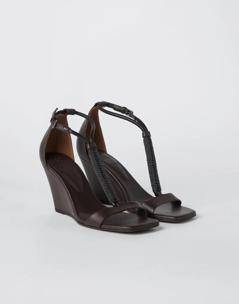BRUNELLO CUCINELLI WOMEN'S DARK BROWN LEATHER WEDGE SANDALS