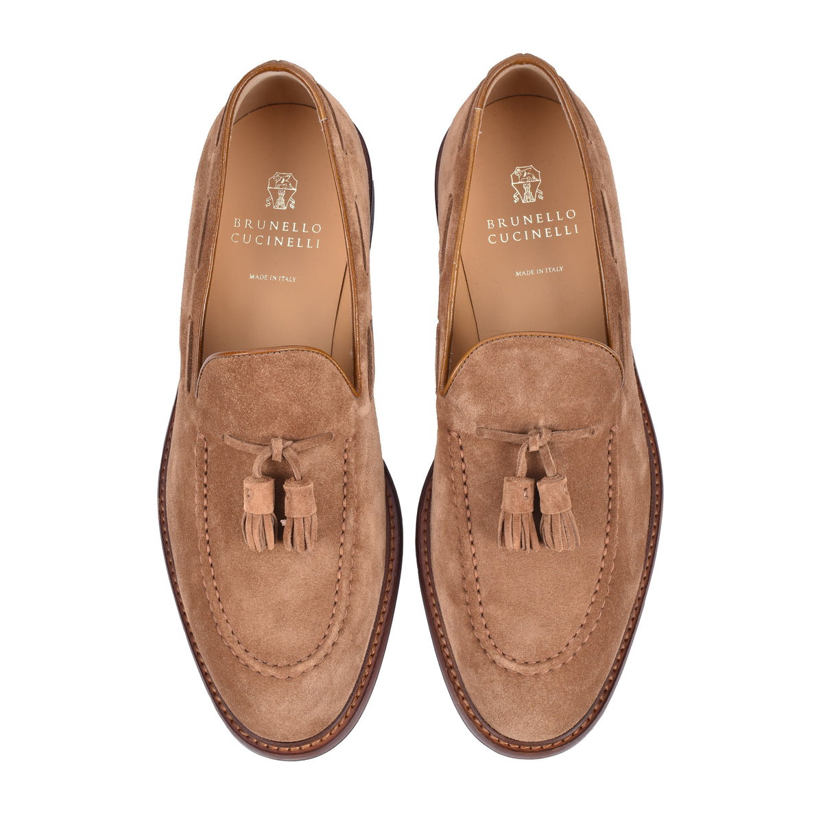 BRUNELLO CUCINELLI MEN'S LIGHT BROWN SUEDE TASSEL LOAFERS