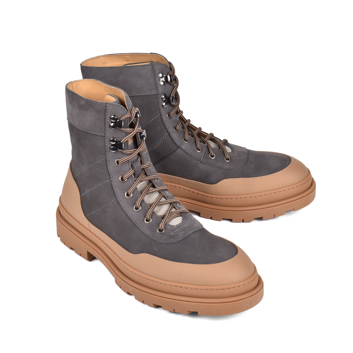 BRUNELLO CUCINELLI MEN'S TWO TONE GREY AND TAN LEATHER HIKING BOOTS