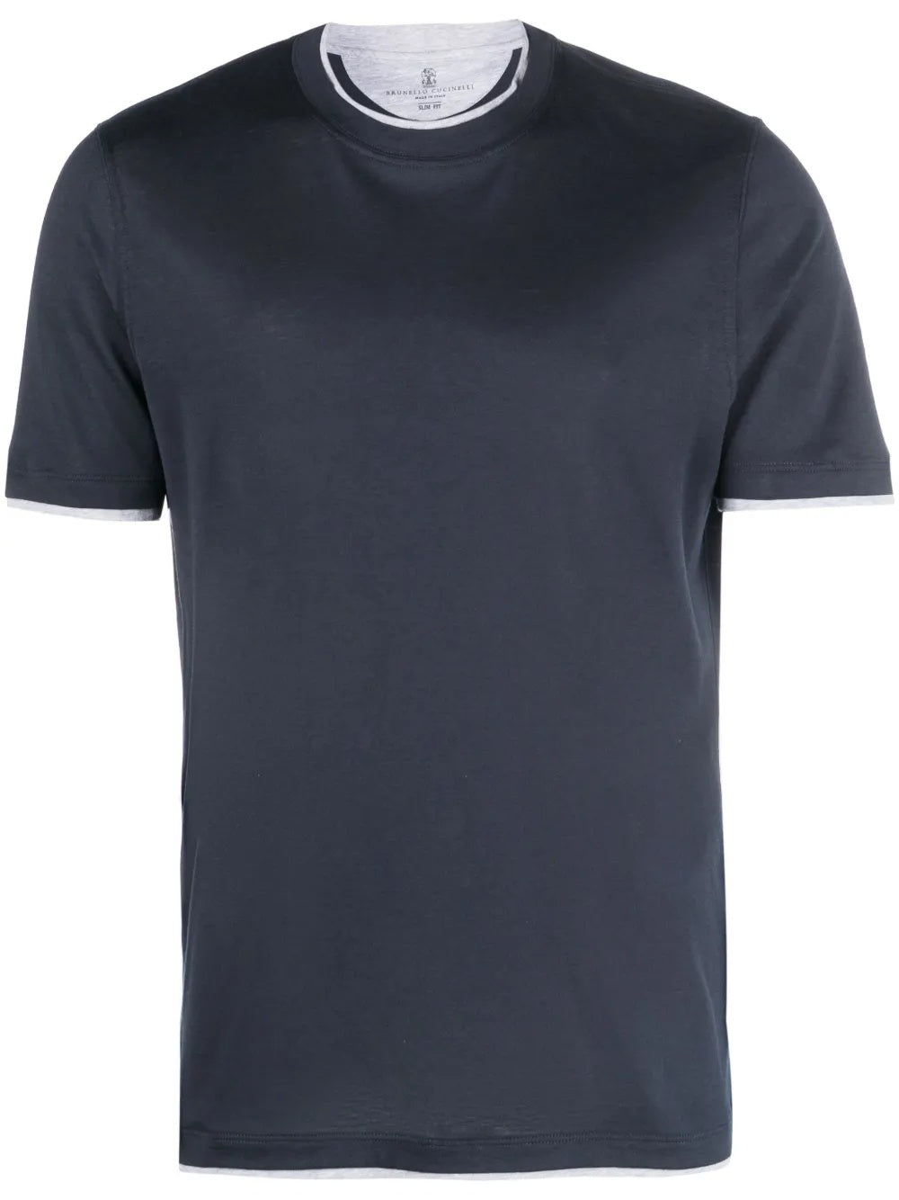 BRUNELLO CUCINELLI MEN'S DARK CREW NECK T-SHIRT WITH CONTRAST TRIM