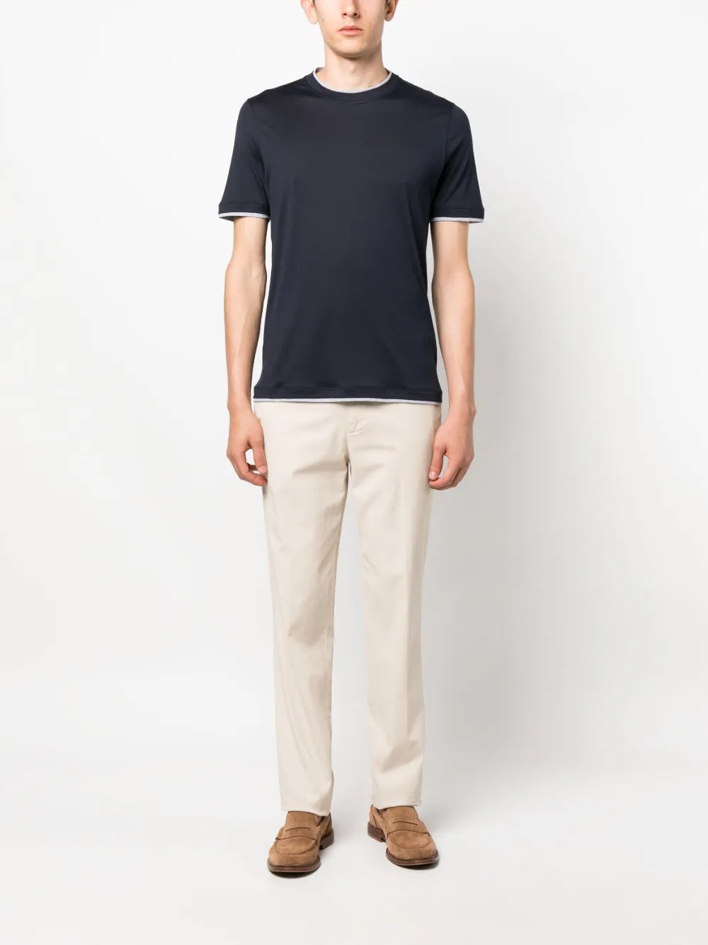 BRUNELLO CUCINELLI MEN'S DARK CREW NECK T-SHIRT WITH CONTRAST TRIM
