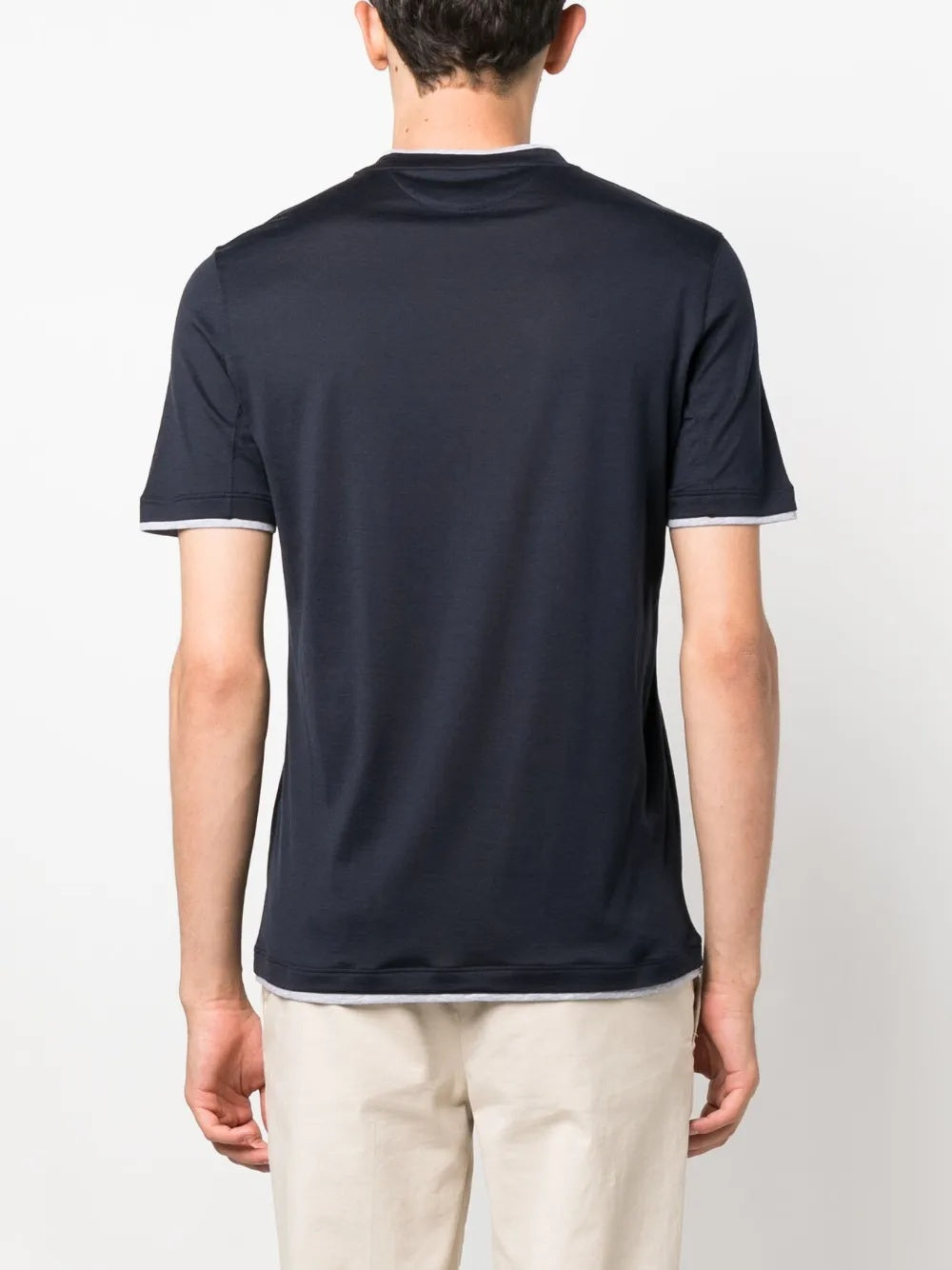 BRUNELLO CUCINELLI MEN'S DARK CREW NECK T-SHIRT WITH CONTRAST TRIM