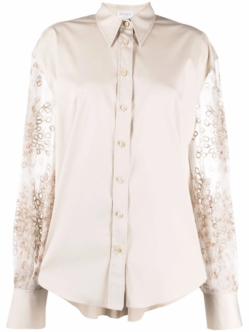 BRUNELLO CUCINELLI WOMEN'S BEIGE SHIRT WITH LACE SLEEVES