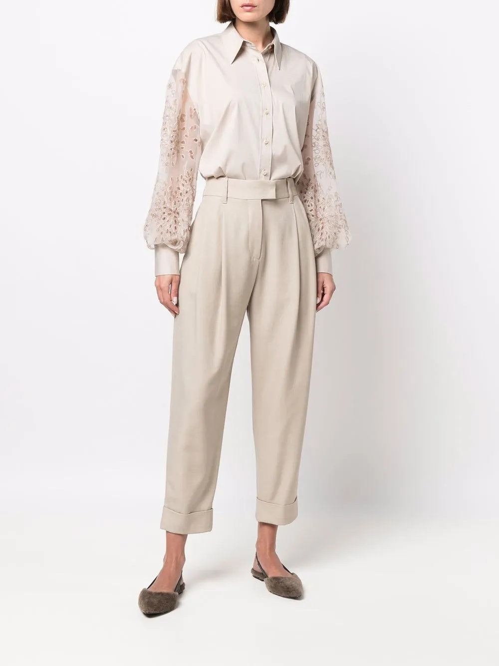 BRUNELLO CUCINELLI WOMEN'S BEIGE LACE SLEEVE SHIRT