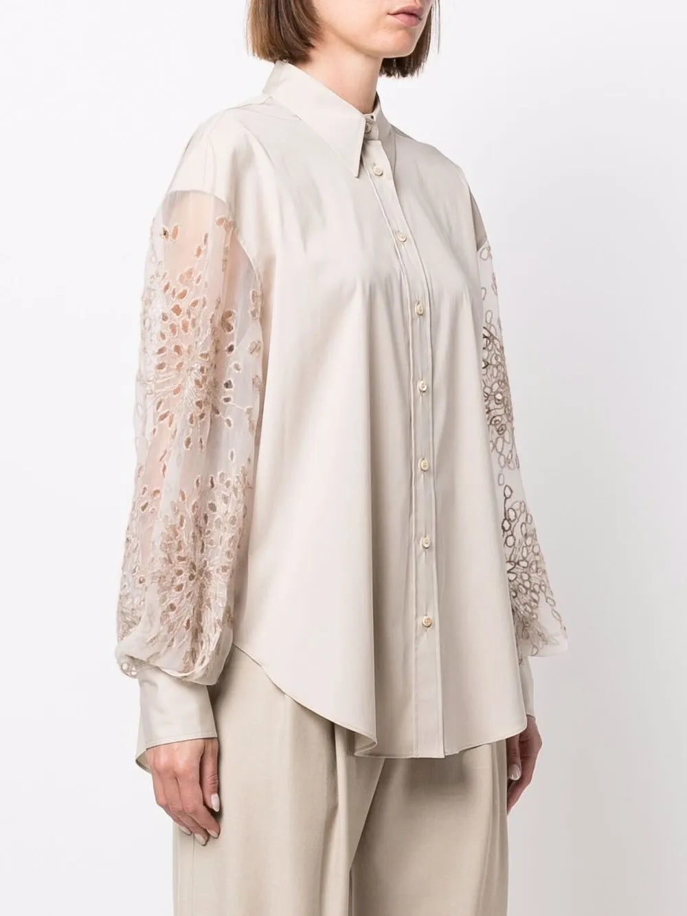 BRUNELLO CUCINELLI WOMEN'S BEIGE SHIRT WITH LACE SLEEVES