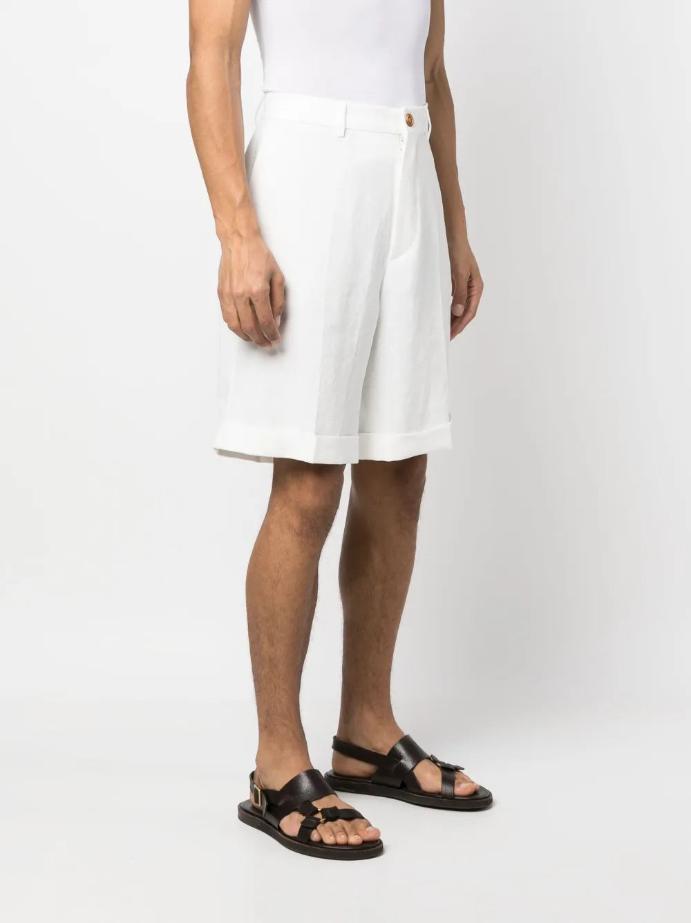 BRUNELLO CUCINELLI MEN'S WHITE TAILORED SHORTS WITH BUTTON