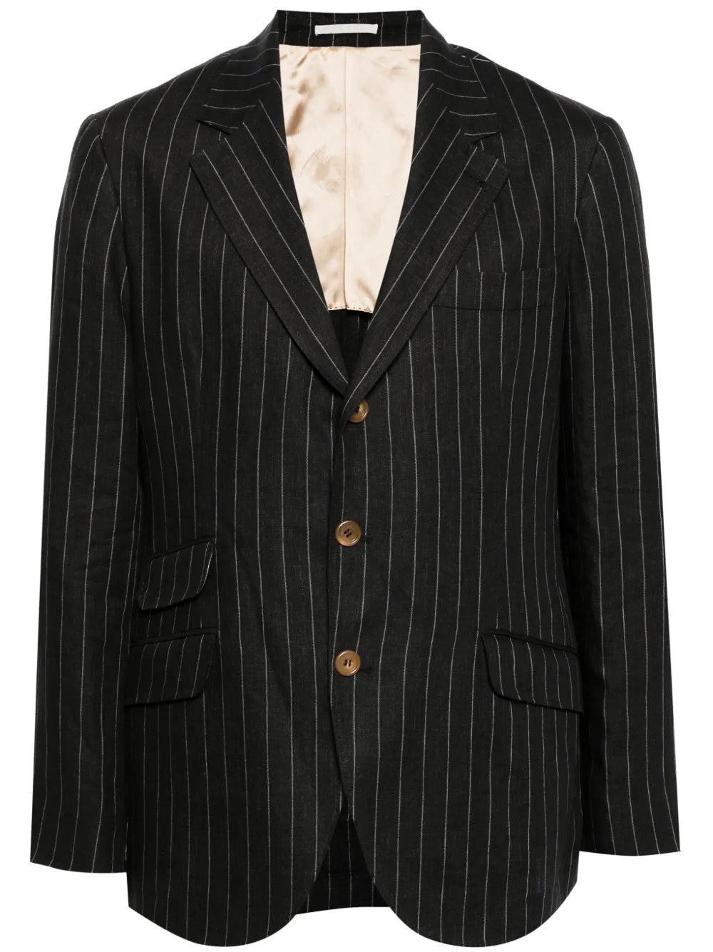 BRUNELLO CUCINELLI MEN'S BLACK LINEN PINSTRIPE BLAZER