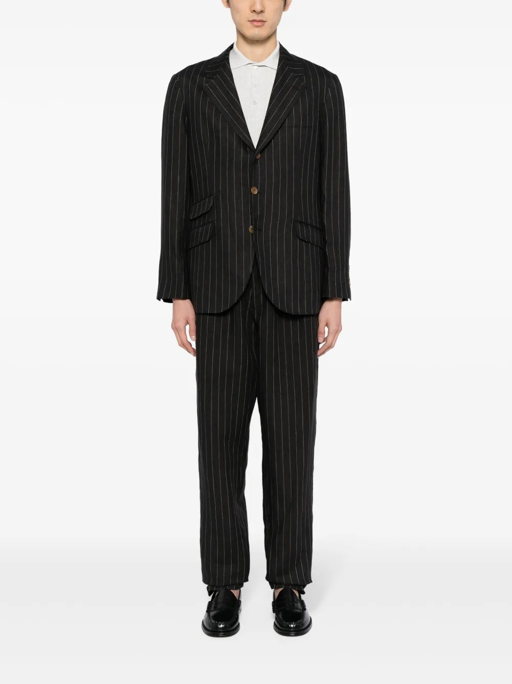 BRUNELLO CUCINELLI MEN'S BLACK LINEN PINSTRIPE BLAZER