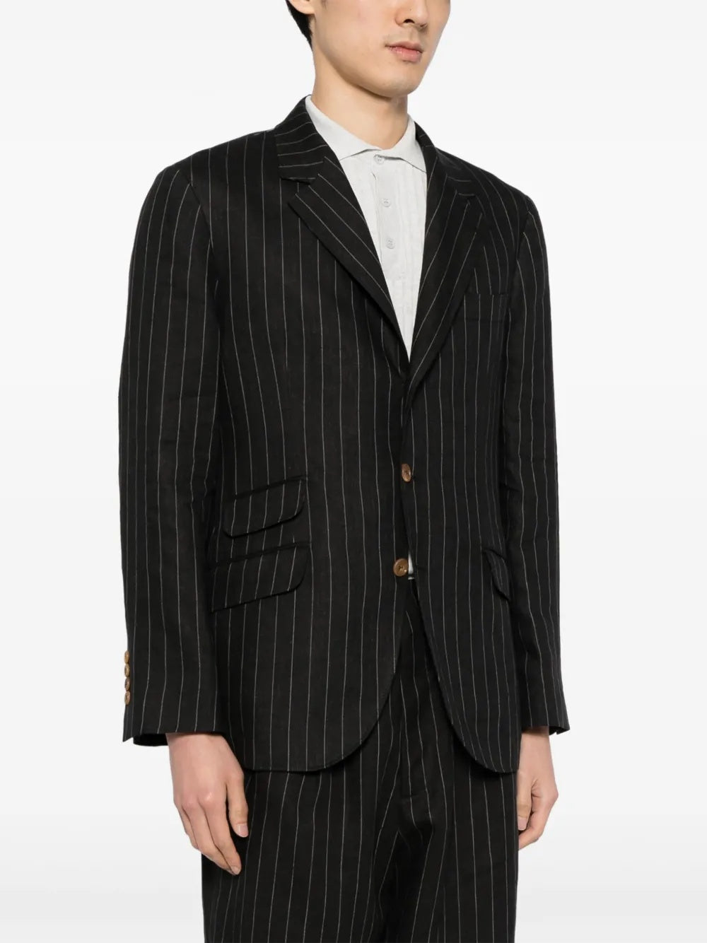 BRUNELLO CUCINELLI MEN'S BLACK LINEN PINSTRIPE BLAZER
