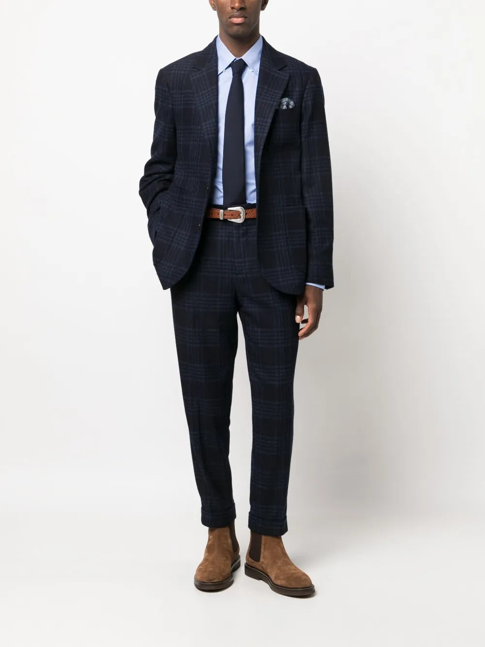 BRUNELLO CUCINELLI MEN'S NAVY WOOL PLAID TROUSERS