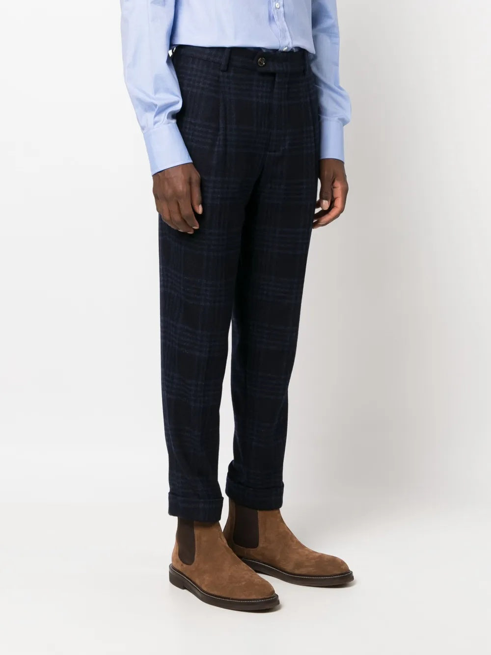 BRUNELLO CUCINELLI MEN'S NAVY PLAID TAILORED TROUSERS