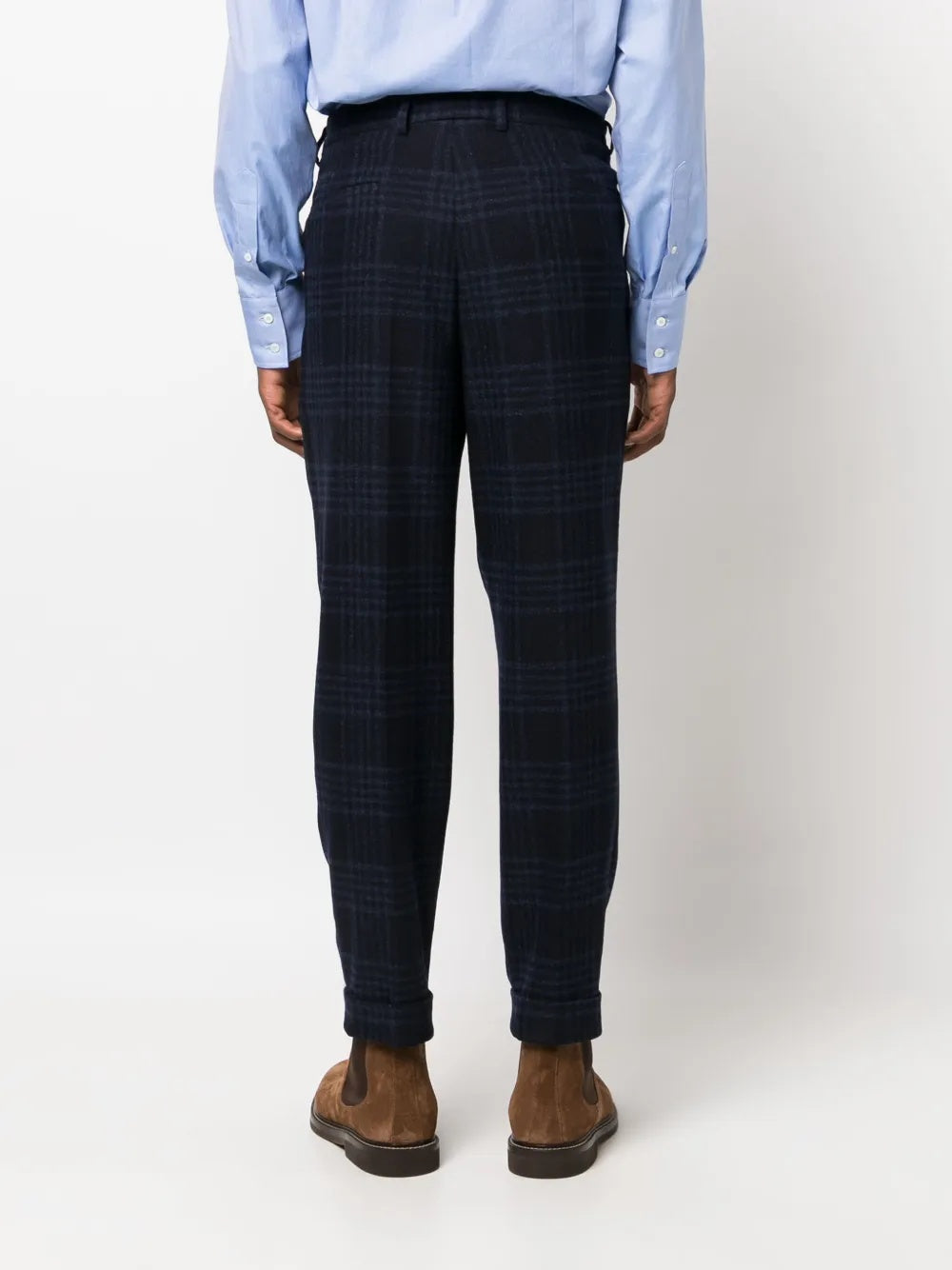 BRUNELLO CUCINELLI MEN'S NAVY WOOL PLAID TROUSERS