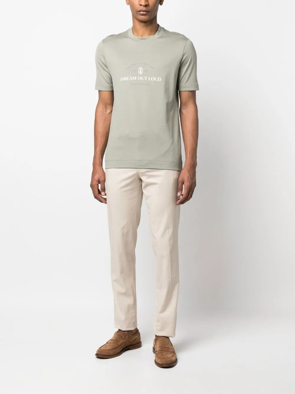 BRUNELLO CUCINELLI MEN'S SAGE GREEN CREWNECK T-SHIRT WITH PRINT