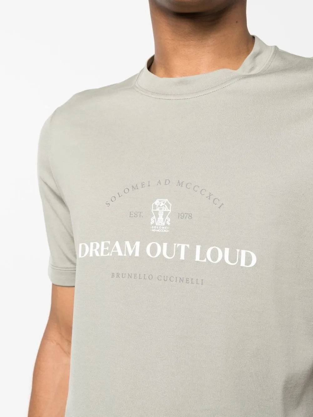 BRUNELLO CUCINELLI MEN'S SAGE GREEN CREWNECK T-SHIRT WITH PRINT