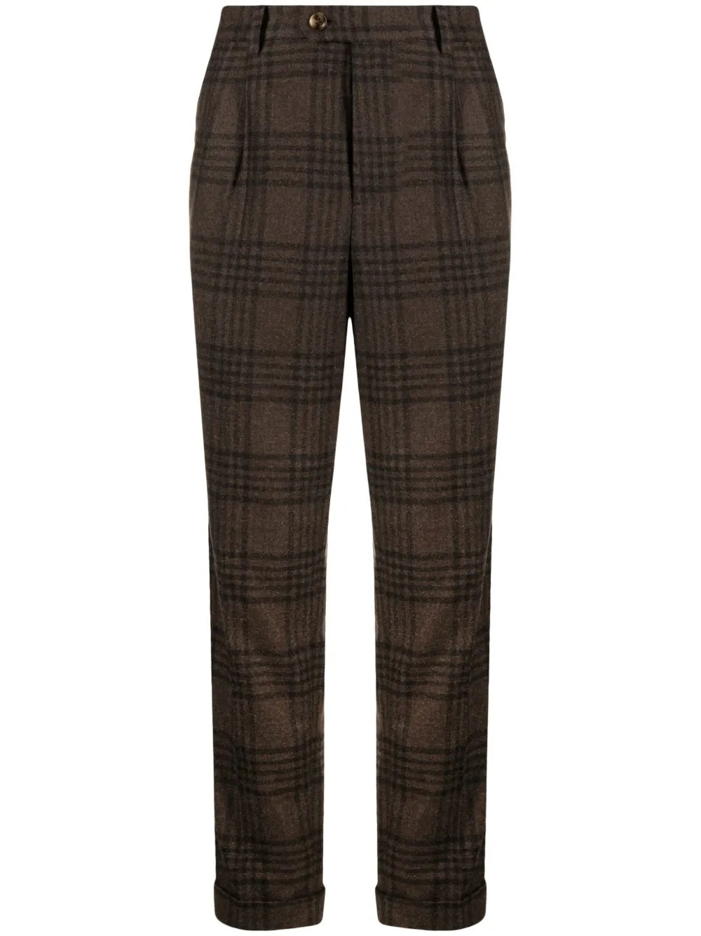 BRUNELLO CUCINELLI MEN'S BROWN PLAID TAILORED TROUSERS
