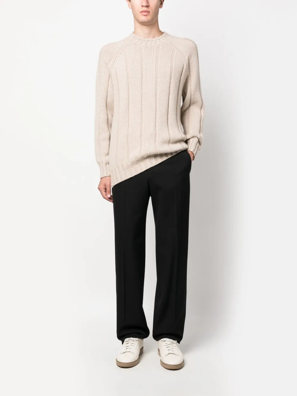 BRUNELLO CUCINELLI MEN'S CREAM WOOL RIBBED SWEATER