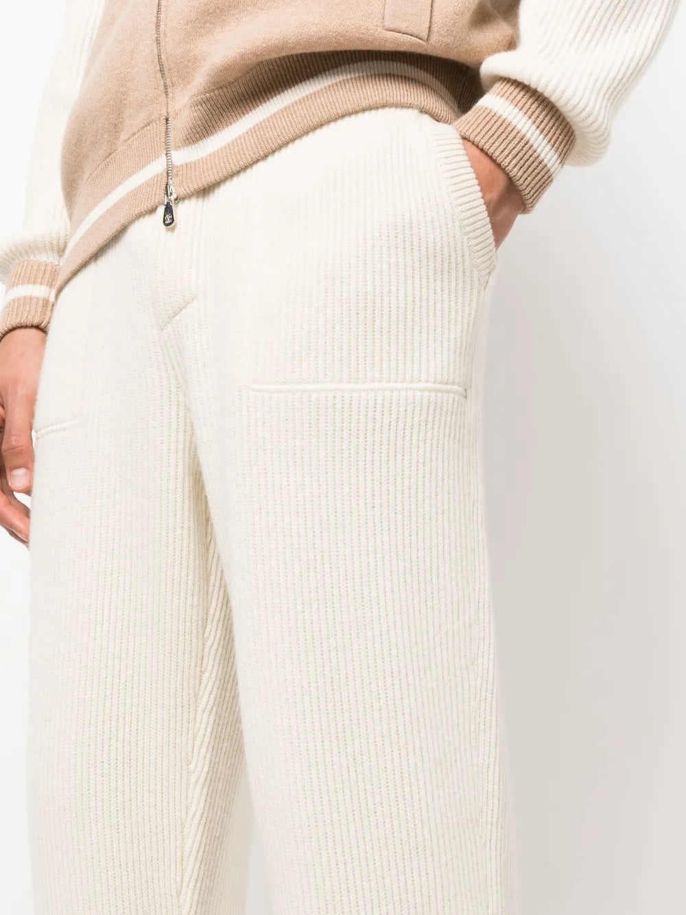 BRUNELLO CUCINELLI MEN'S CREAM WOOL RIBBED TROUSERS