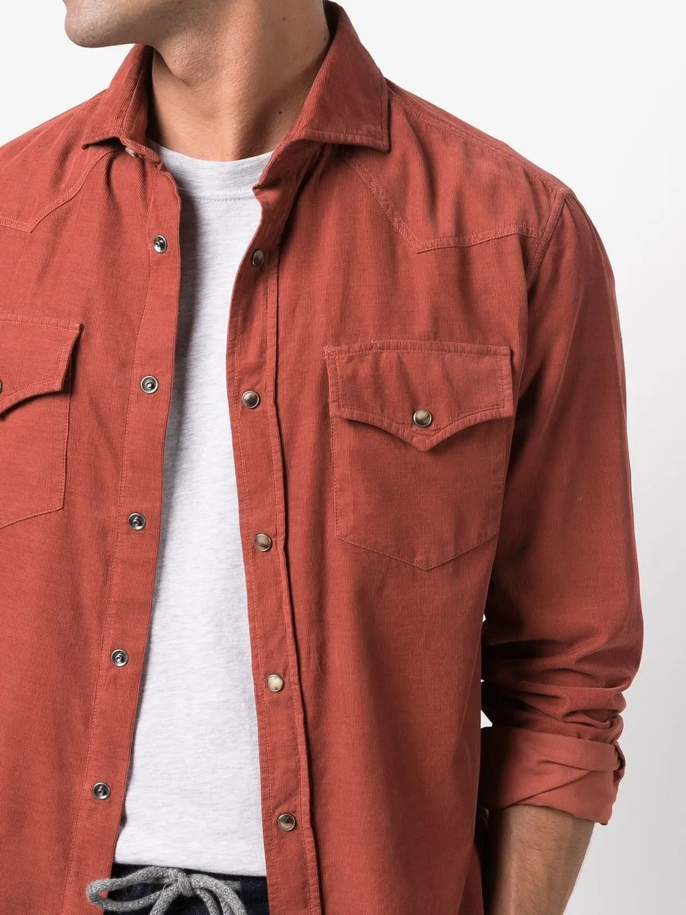 BRUNELLO CUCINELLI MEN'S RUST WESTERN-STYLE BUTTON-UP SHIRT