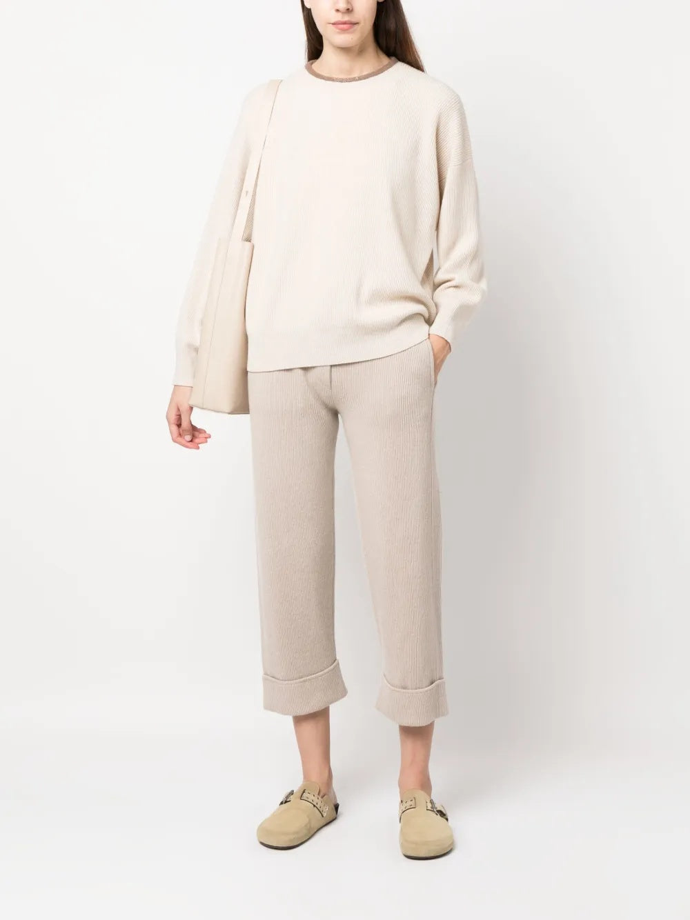 BRUNELLO CUCINELLI WOMEN'S BEIGE RIBBED KNIT TROUSERS
