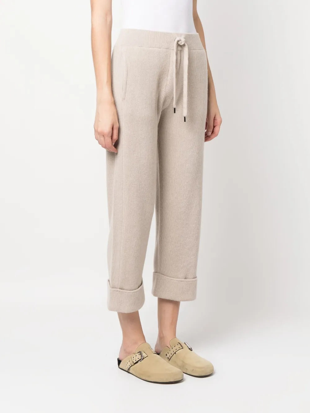 BRUNELLO CUCINELLI WOMEN'S BEIGE RIBBED KNIT TROUSERS