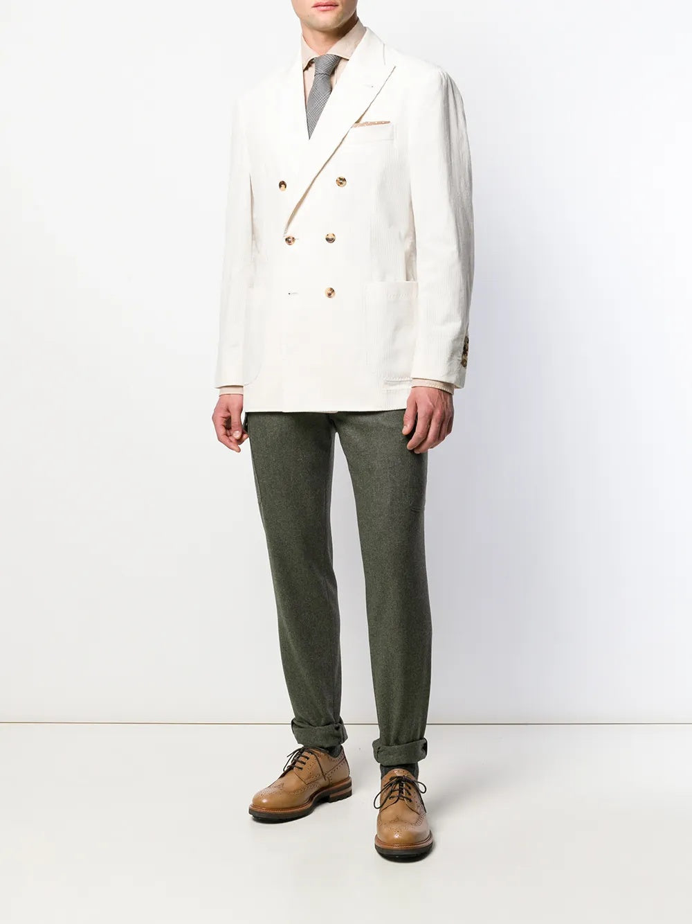BRUNELLO CUCINELLI MEN'S WHITE DOUBLE-BREASTED CORDUROY BLAZER