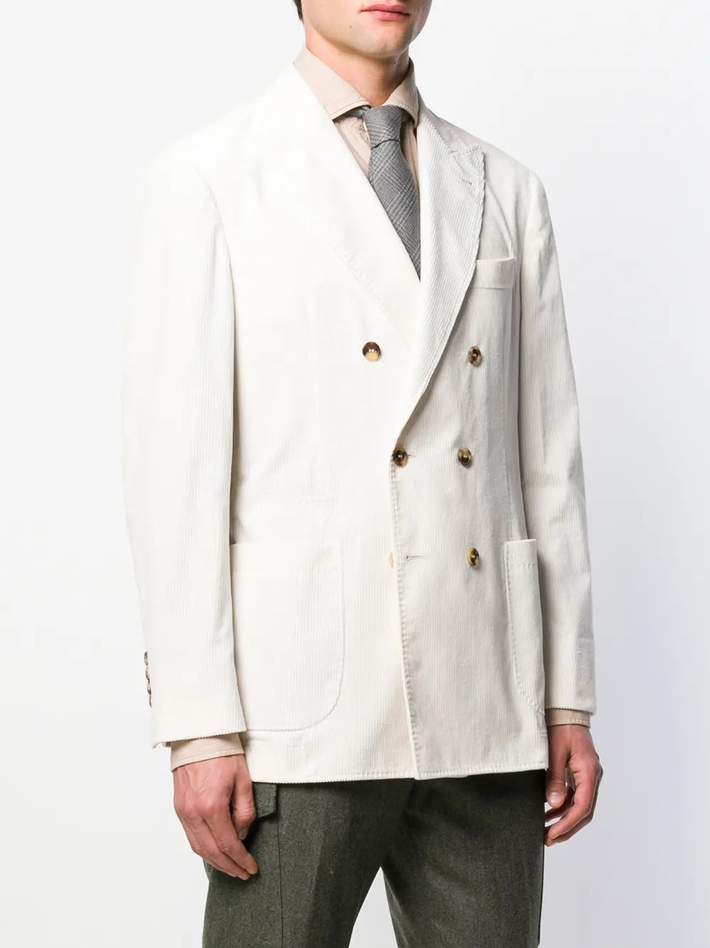 BRUNELLO CUCINELLI MEN'S WHITE DOUBLE-BREASTED CORDUROY BLAZER
