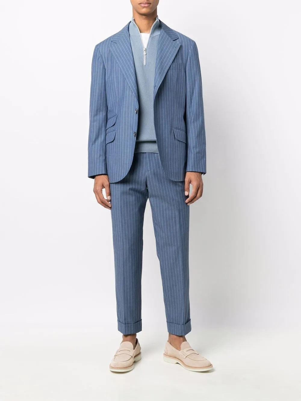 BRUNELLO CUCINELLI MEN'S SLATE BLUE PINSTRIPE TAILORED TROUSERS