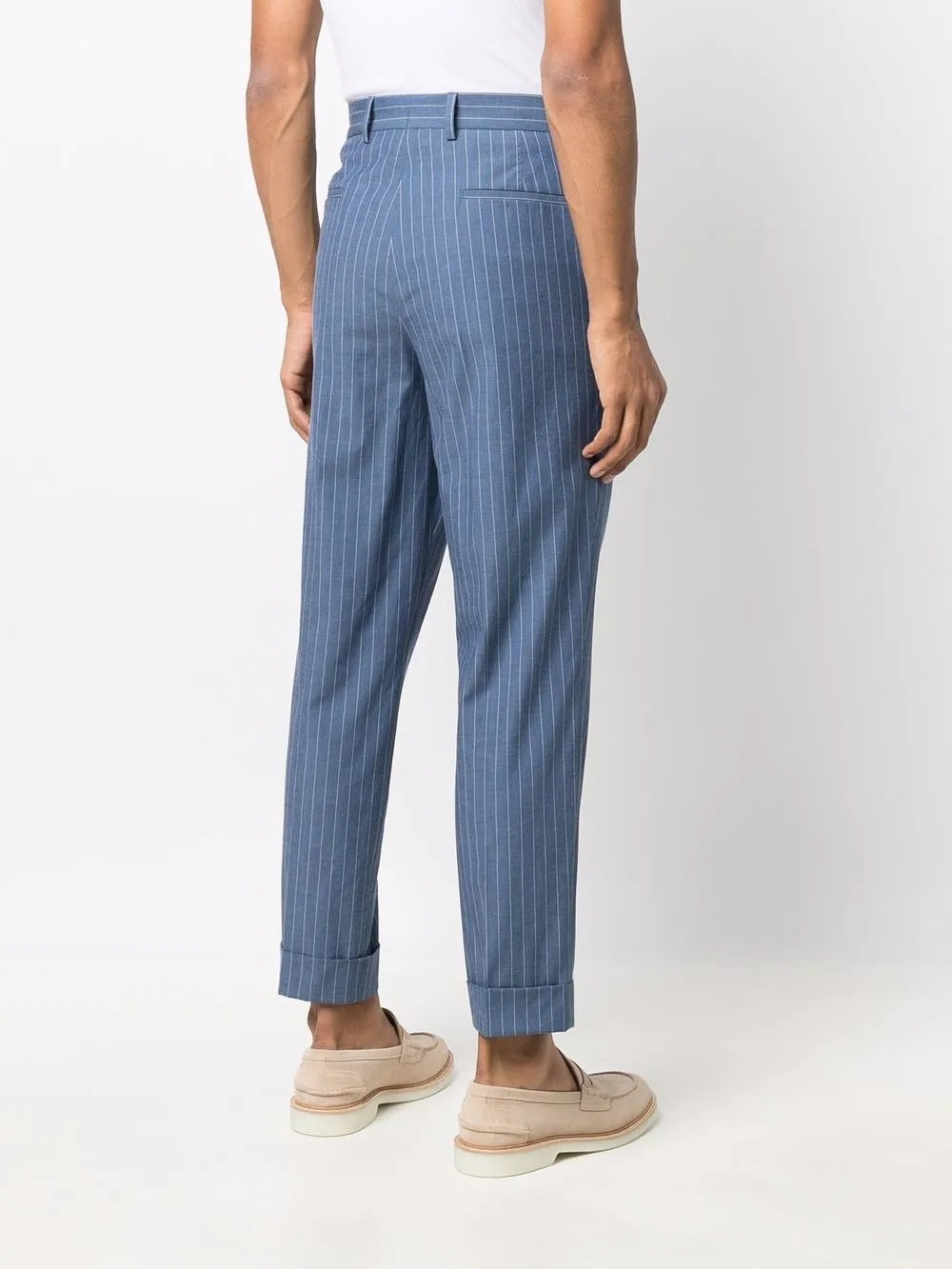 BRUNELLO CUCINELLI MEN'S SLATE BLUE PINSTRIPE TAILORED TROUSERS