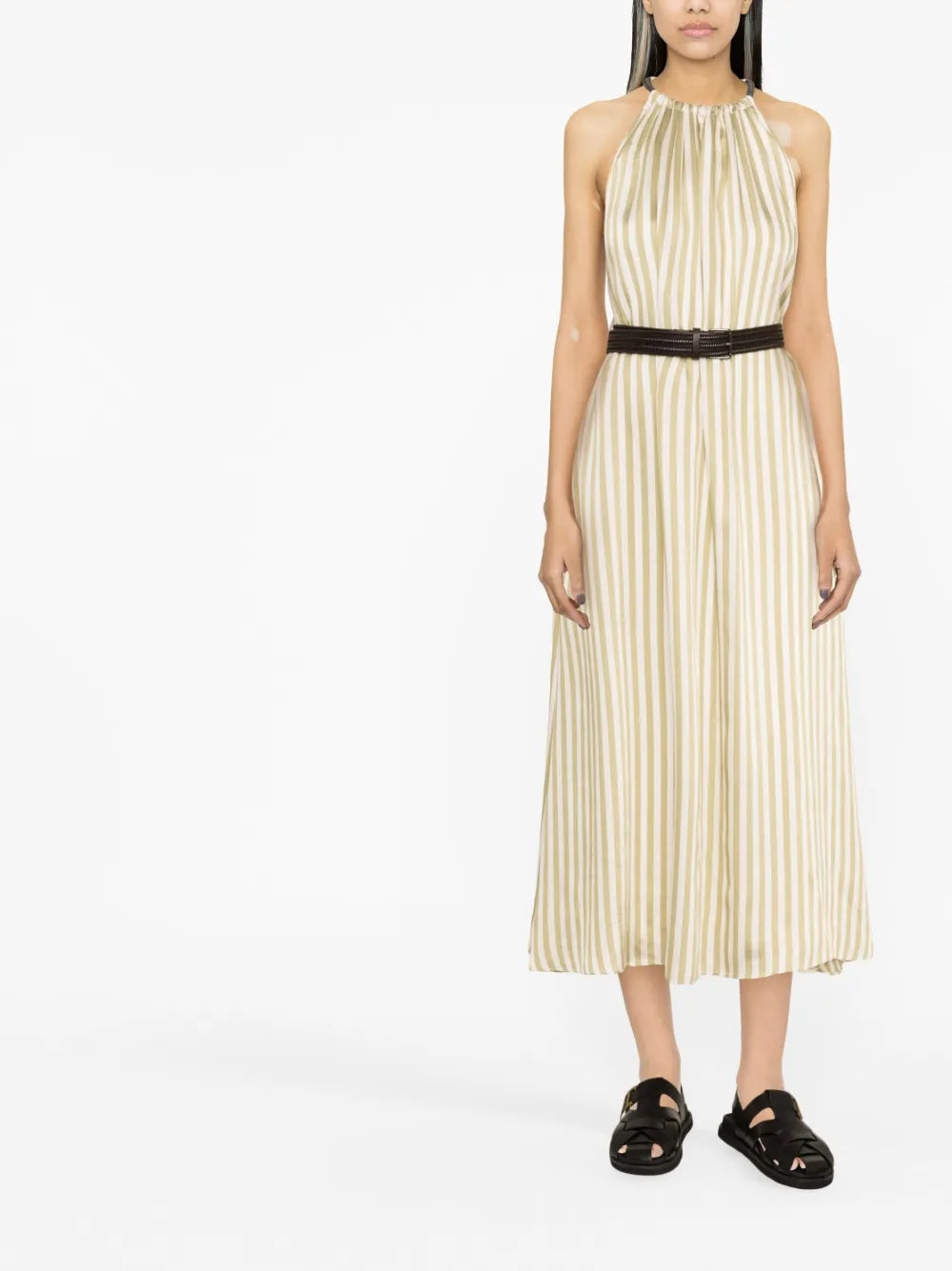 BRUNELLO CUCINELLI WOMEN'S LIGHT GREEN SILK STRIPED DRESS