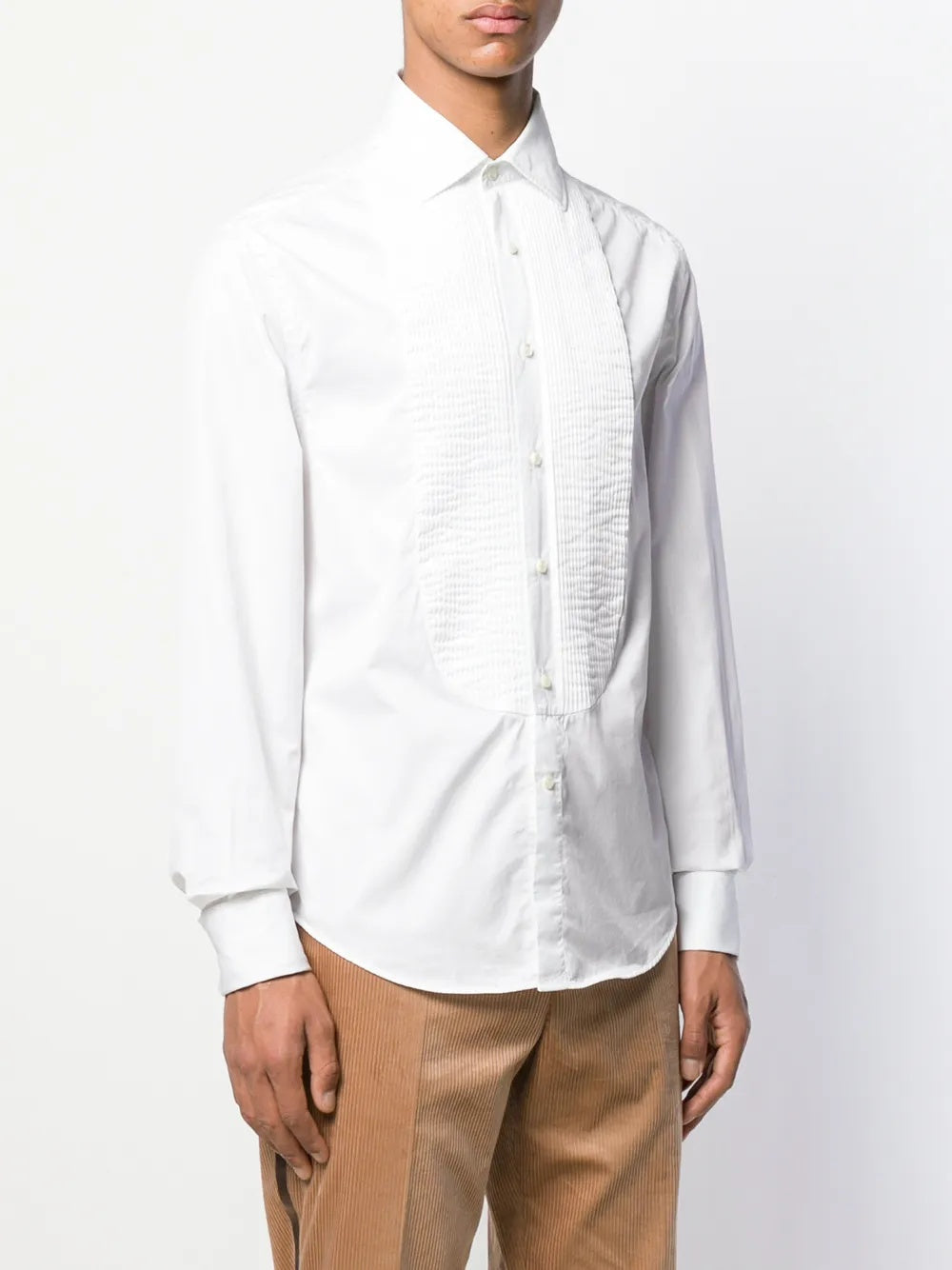 BRUNELLO CUCINELLI MEN'S WHITE TUXEDO SHIRT WITH PLEATED BIB